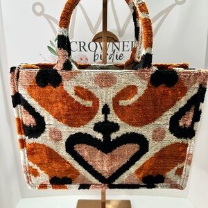 Deep Rust/Orange, light Pink and Black ikat large tote bag